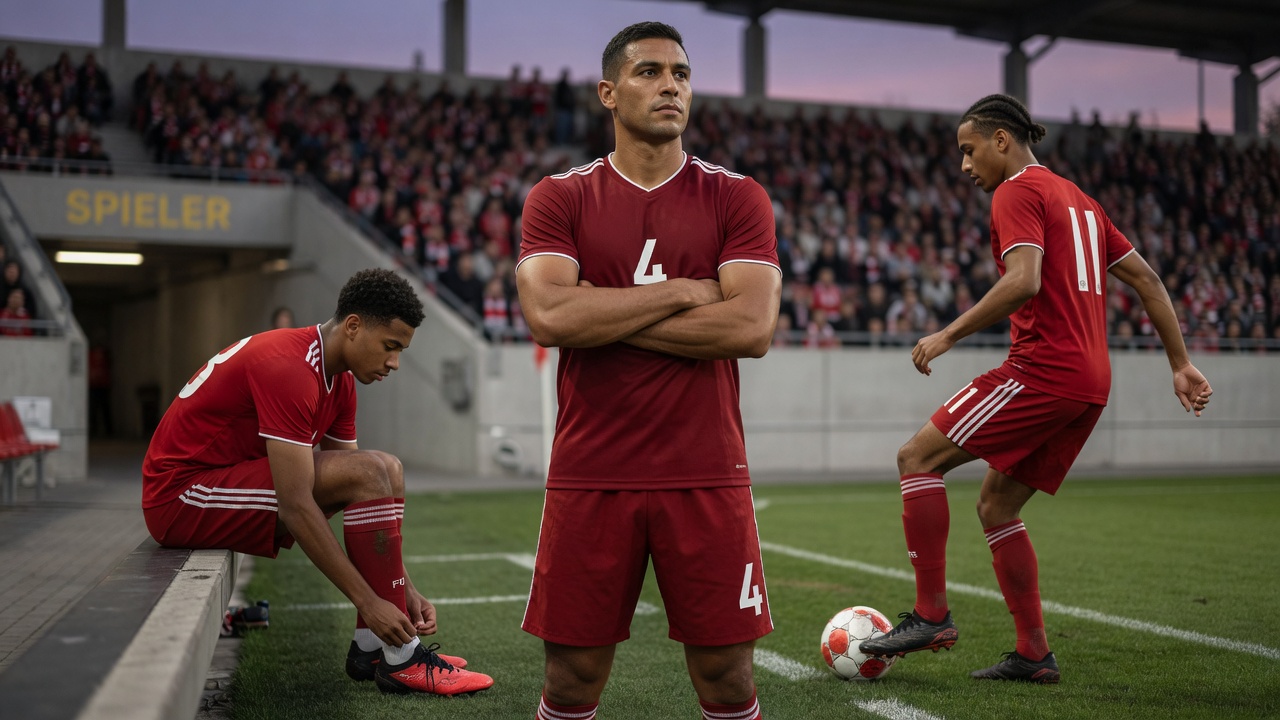 Drei neue Spieler des FC Bayern 2026/27 in roten Trikots ohne Logos im Stadion: