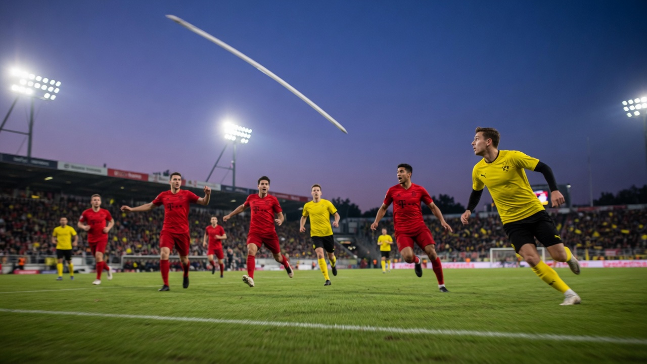 Bayern in Rot presst hoch, Dortmund in Gelb kontert in den freien Raum; der