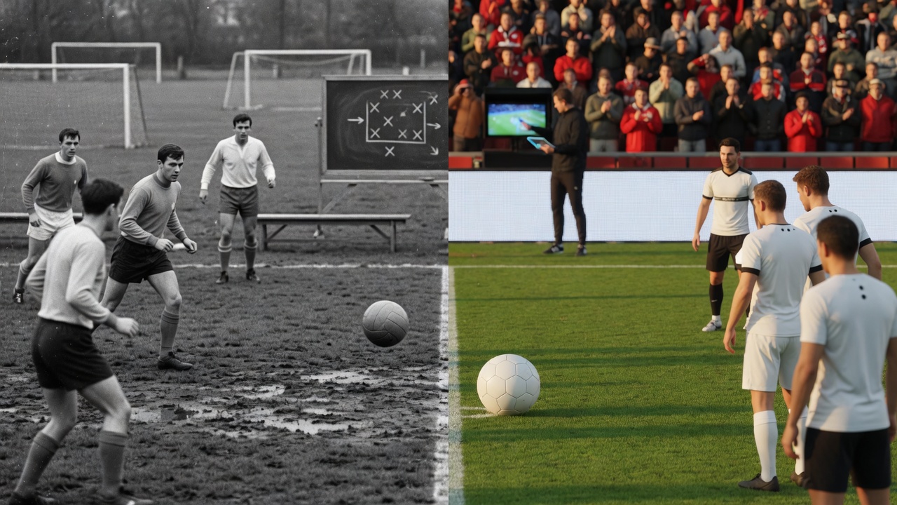 Split-era photograph inside a German football stadium: left shows a 1960s black-and-white scene with