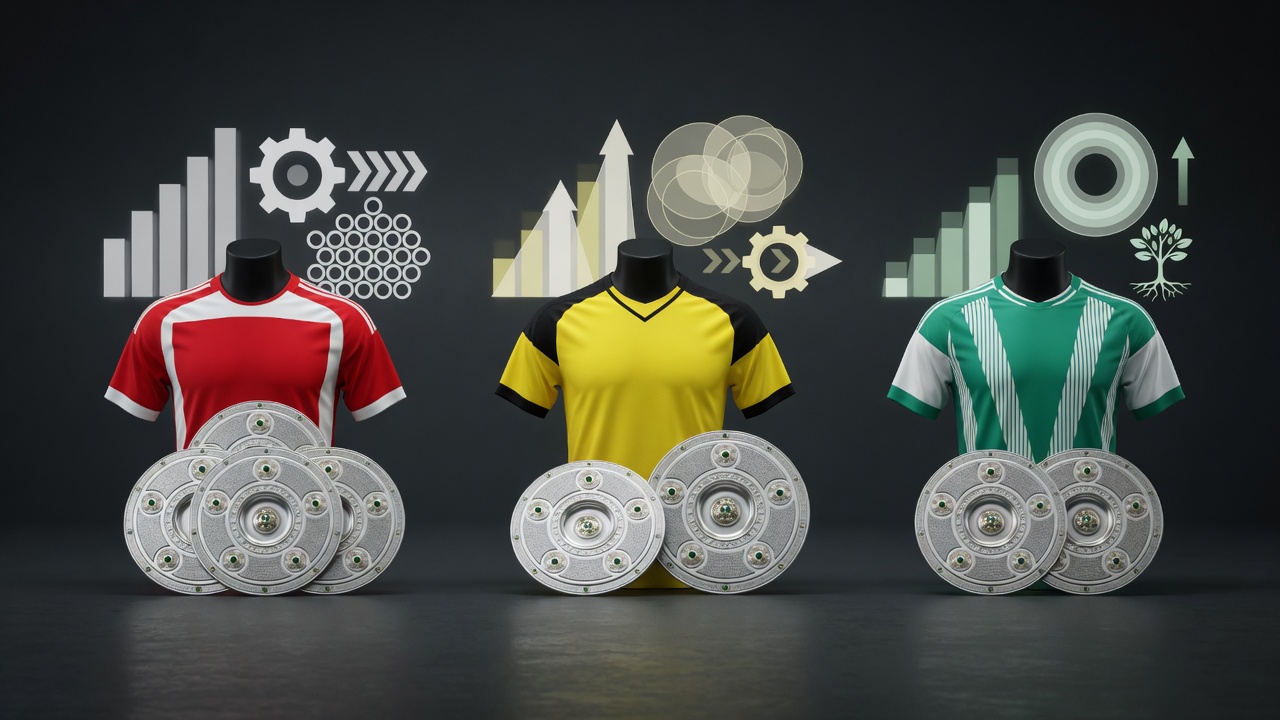Studio photo comparing FC Bayern, Borussia Dortmund, and Werder Bremen using color-coded jerseys and