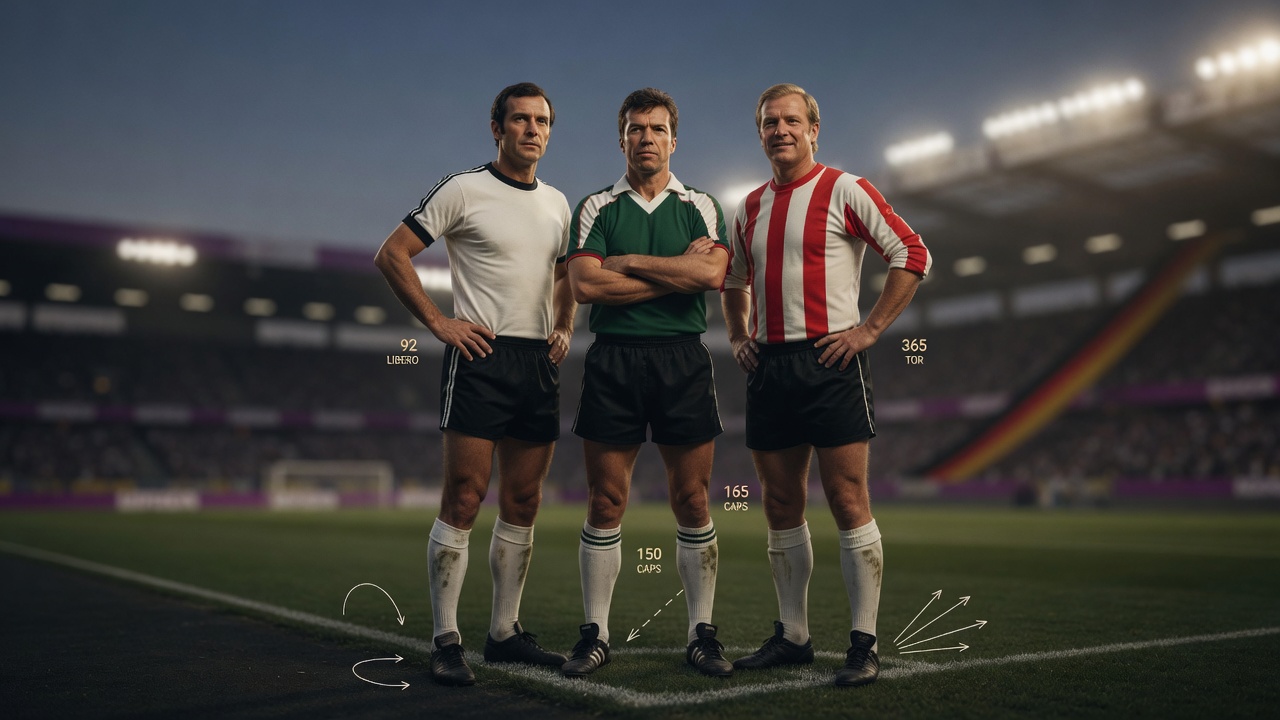 Gruppenporträt der Bundesliga‑Legenden Beckenbauer, Matthäus und Müller vor unscharfem Stadion, dramatisches Licht, deze