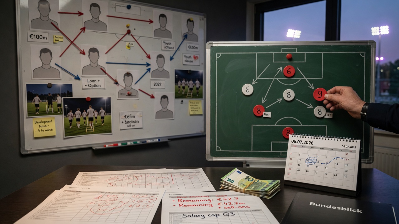 Photorealistic editorial image: a football club transfer war room at dusk with tactics board,