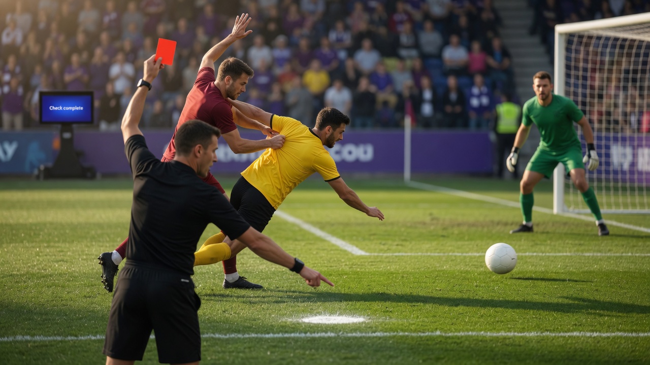 Referee points to the penalty spot and shows a red card after a shirt-pull