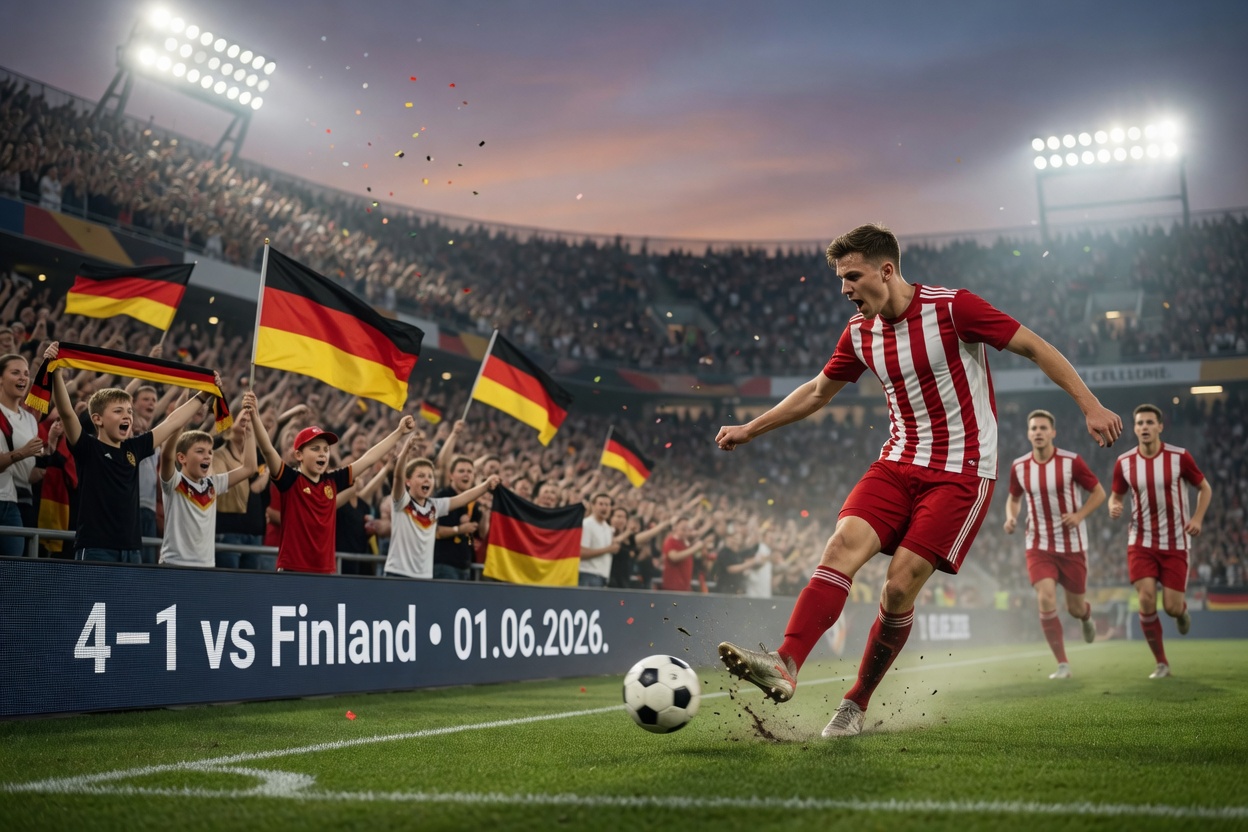 Photographic stadium scene of an attacking play with jubilant fans waving German flags, subtle