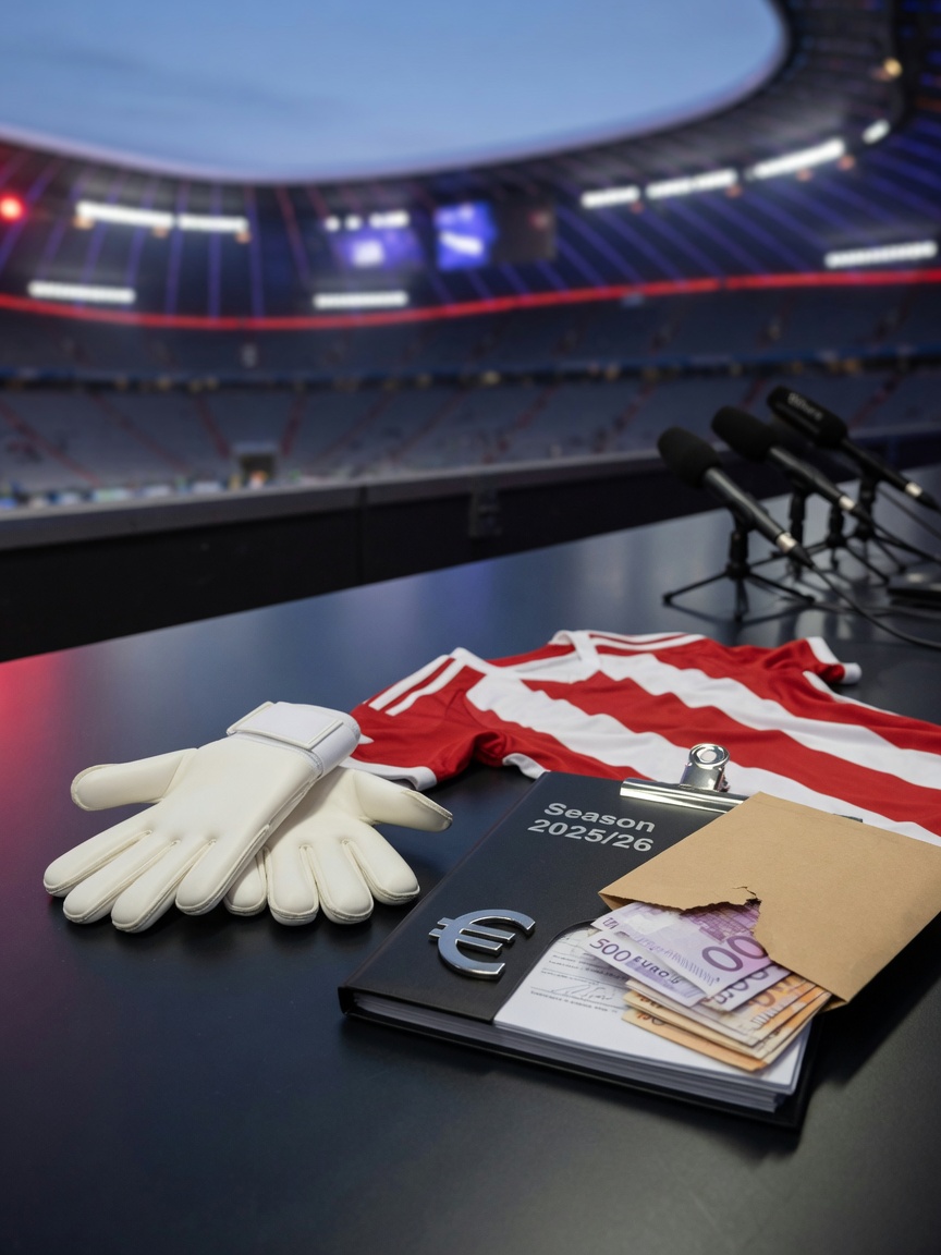 Conceptual news photo: goalkeeper gloves, red-white jersey without logos, contract folder marked Season 2025/26,