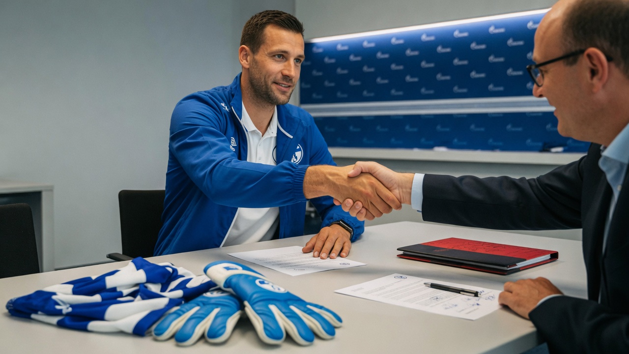 A Schalke-blue-clad goalkeeper shakes hands with a club executive over a signed contract, with
