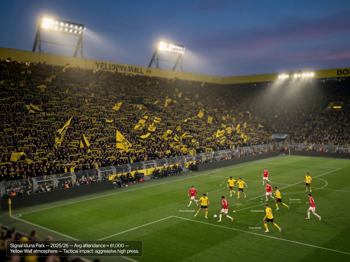 Dusk match at a packed Signal Iduna Park with the Yellow Wall towering behind,