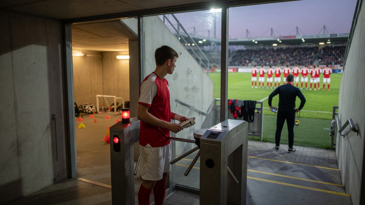 Junger Fußballer im Tunnel eines Bundesliga-Stadions steht vor einem blockierten Drehkreuz; hinter ihm deutet