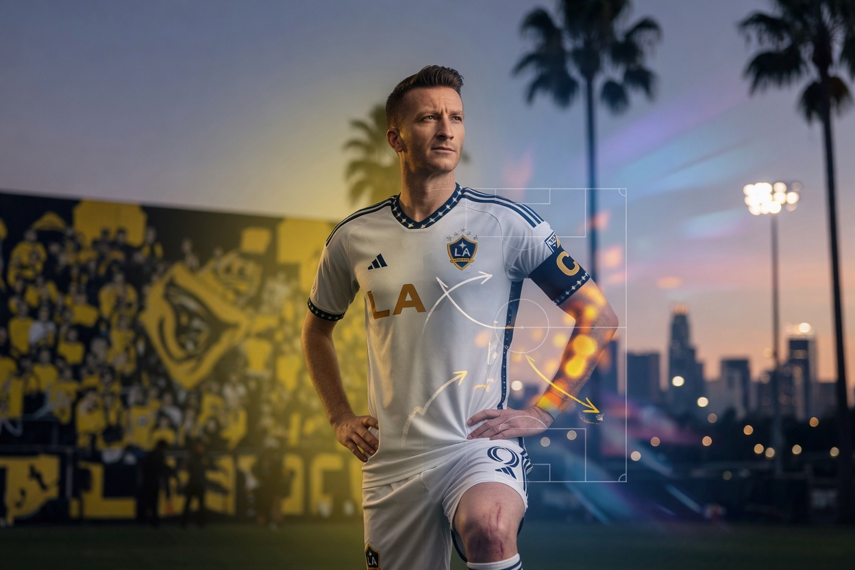 Editorial twilight portrait of Marco Reus, 37, in LA Galaxy kit, center-framed with a