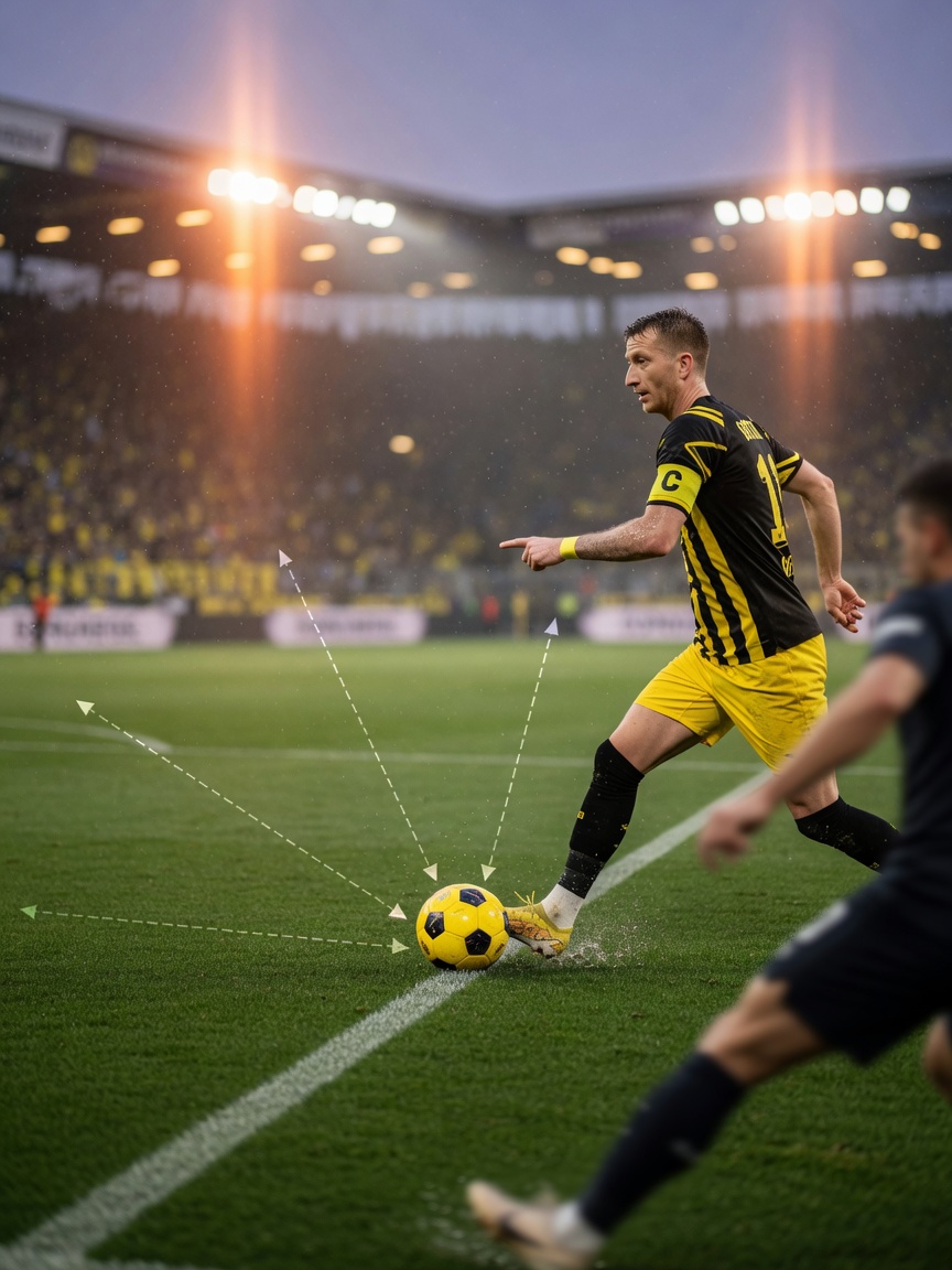 Photorealistic low-angle stadium shot of Marco Reus in a black-and-yellow kit, head up and