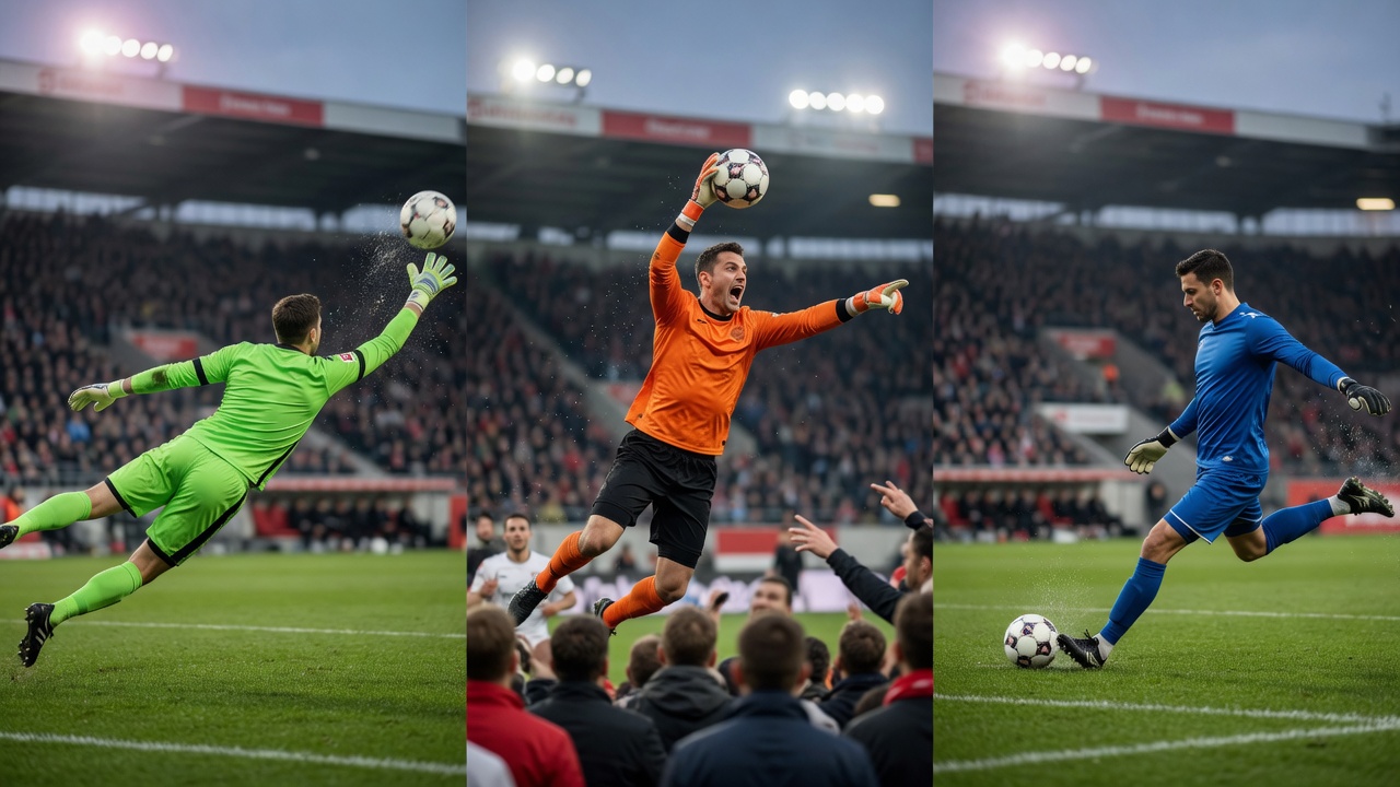 Editorial panoramic photo for the site: three anonymous Bundesliga goalkeepers 2026 performing a reflex