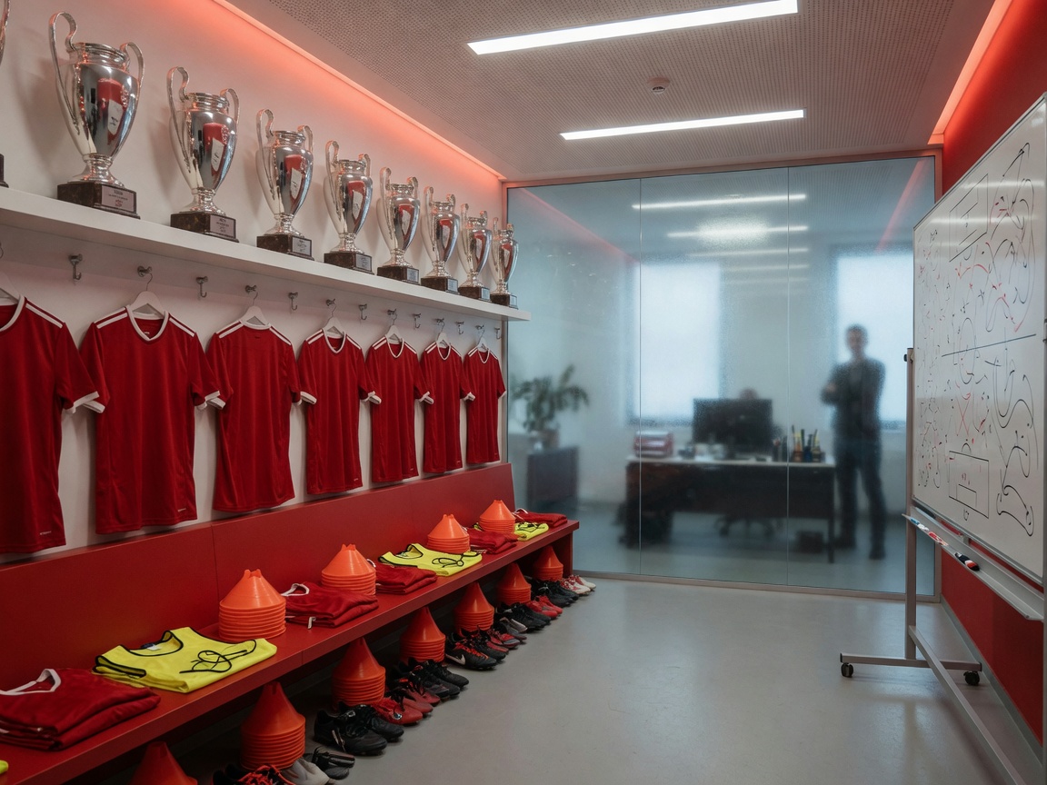 Photo-real still-life on a red locker-room bench for the site: a generic silver trophy