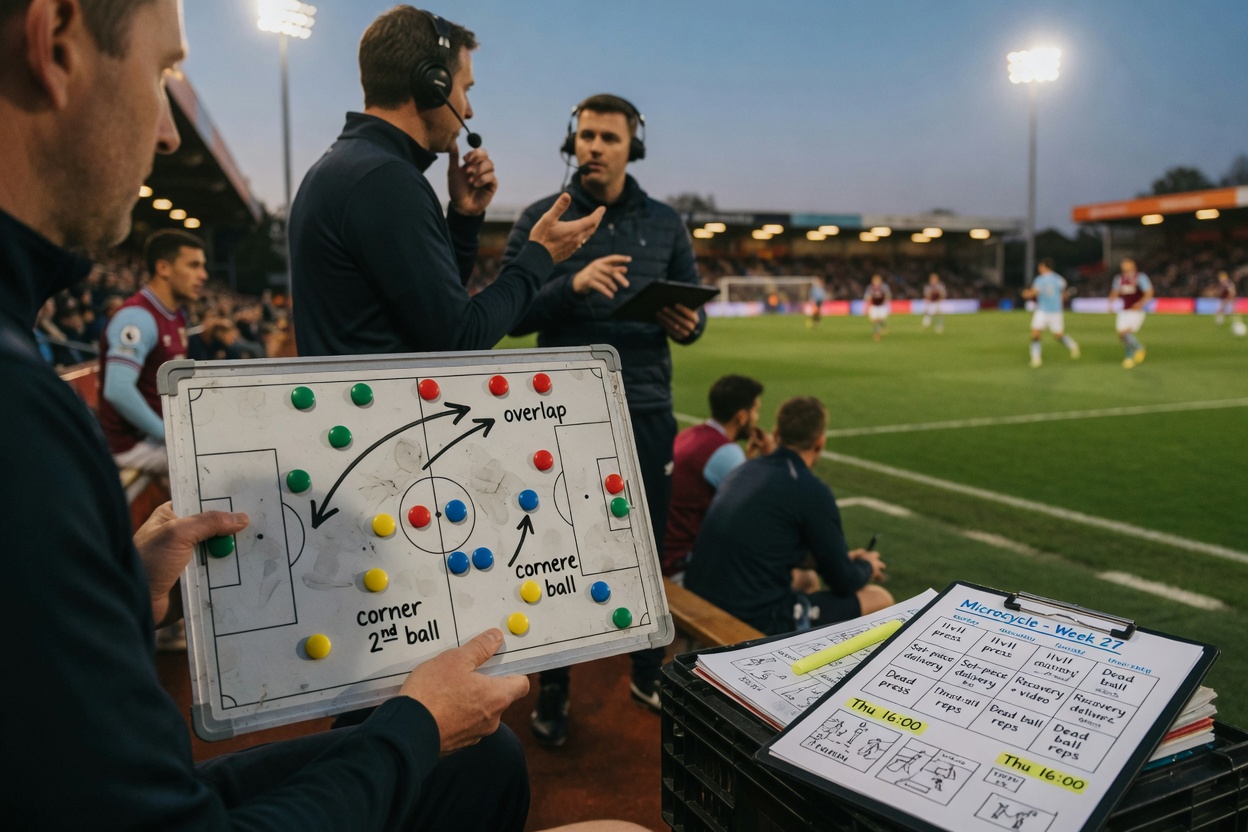 Inside a modern locker room before a European football (soccer) match: the coach addresses