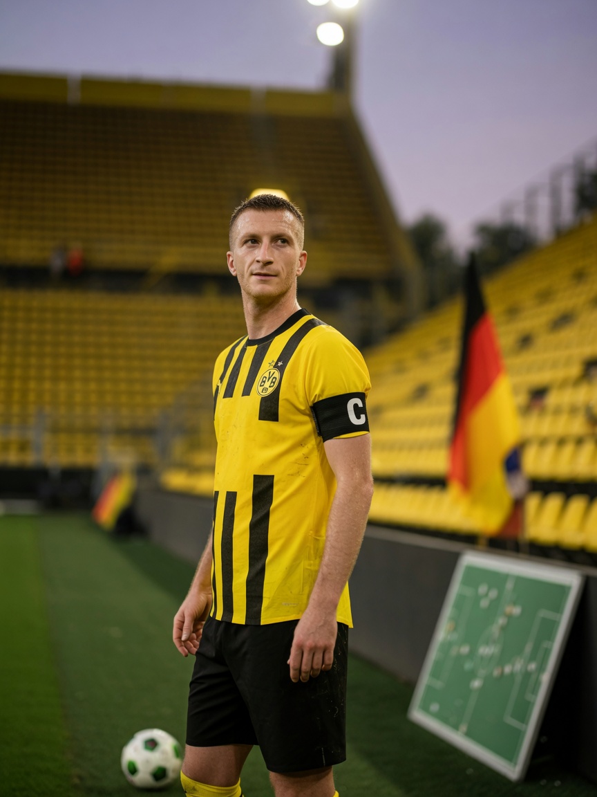 Halbnahes, realistisches Porträt von Marco Reus im gelb-schwarzen Trikot mit Kapitänsbinde auf dem Rasen,