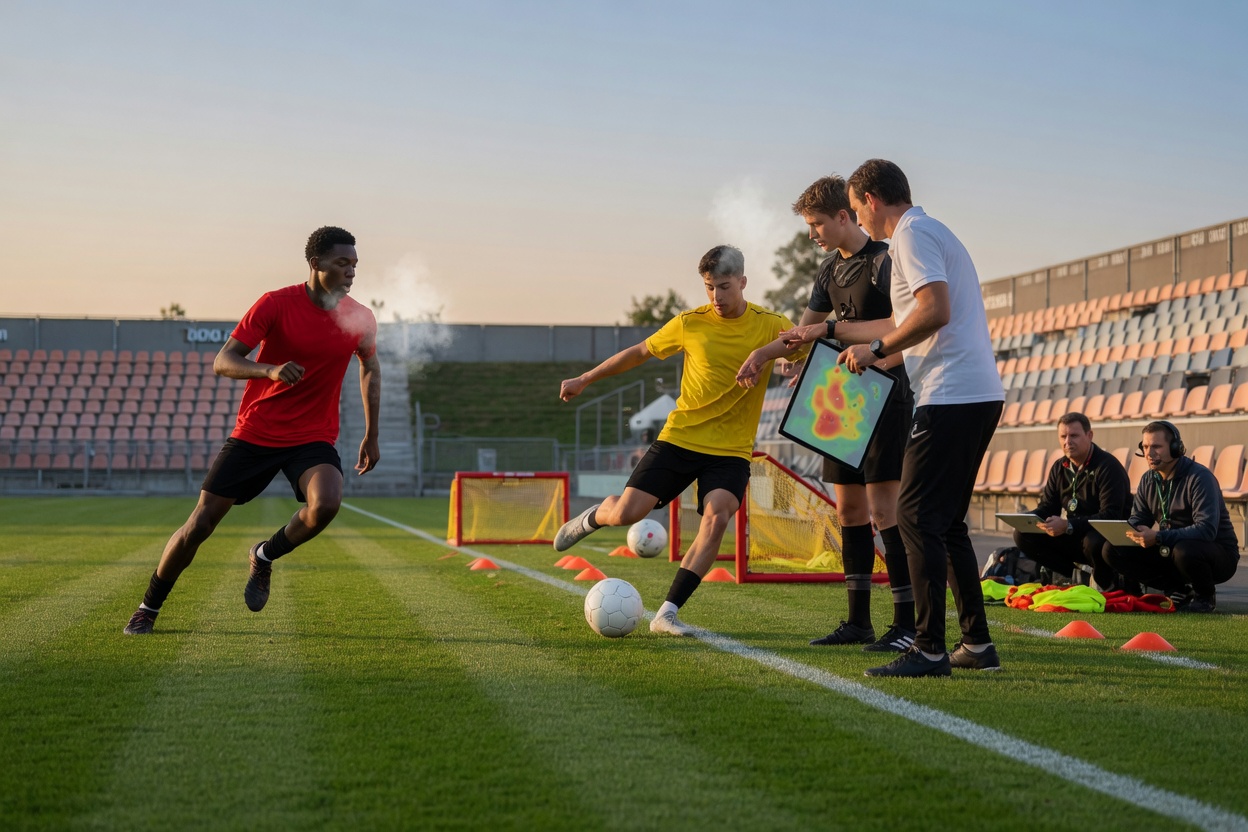 Three diverse young footballers train on a Bundesliga stadium pitch at golden hour while