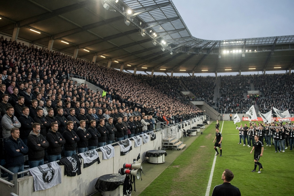 Unter Flutlicht bleibt der heimische Fanblock still: gefüllte Stehplätze mit verschränkten Armen, eingeklappte Fahnen